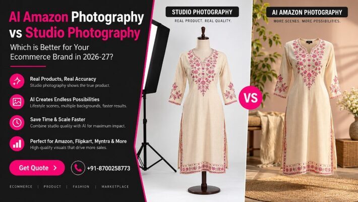 Side-by-side comparison of AI Amazon photography and real studio photography setup for ecommerce product