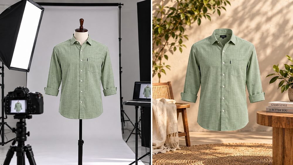 Behind the scenes of side-by-side comparison of AI Amazon photography and real studio photography setup for ecommerce