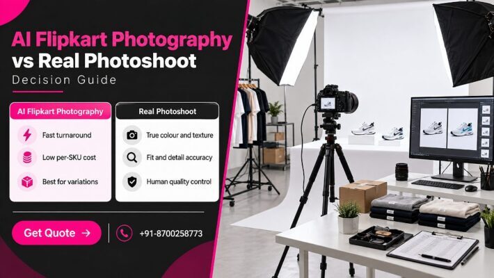 AI Flipkart photography decision-guide scene inside an Indian standard ecommerce photography studio showing