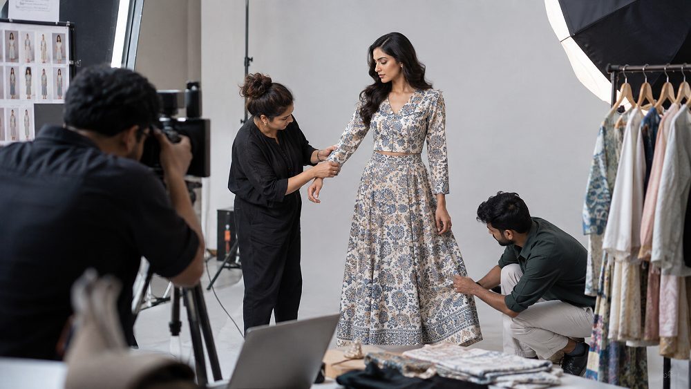 Behind the scenes of professional apparel model photoshoot inside an Indian standard ecommerce photography studio showing