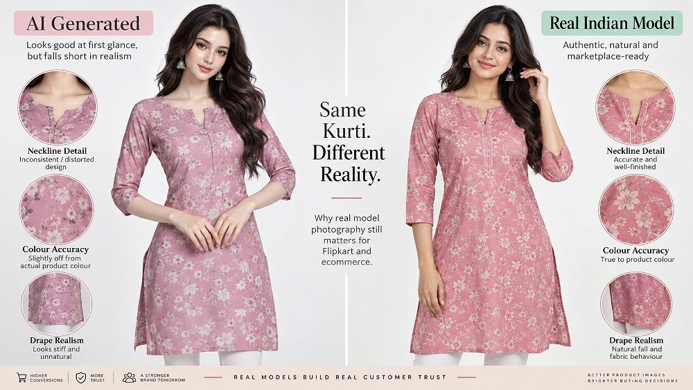 Behind the scenes of side by side comparison of AI generated model and real model apparel image for a kurti listing