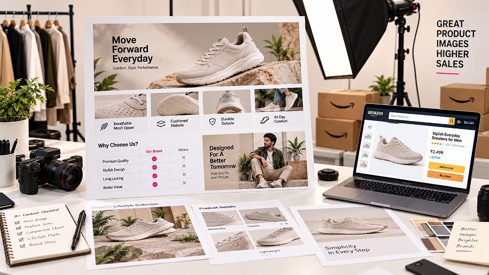 Behind the scenes of editorial style Amazon A+ content module storyboard shot inside an Indian standard ecommerce