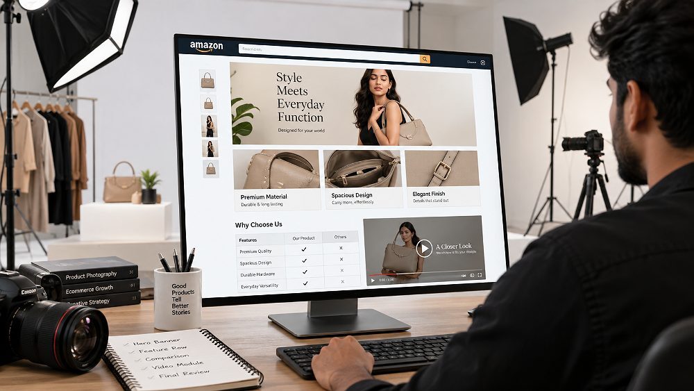Behind the scenes of wireframe of Amazon A+ content modules including hero banner, three image feature row, comparison and