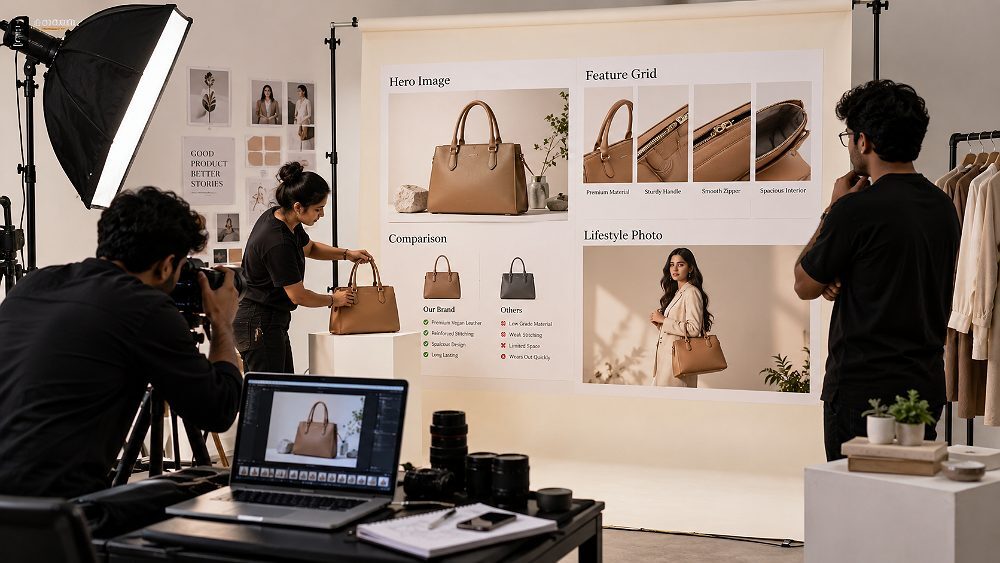 Behind the scenes of grid showing Amazon A+ content image sizes for Basic and Premium modules including 970 by 300 hero