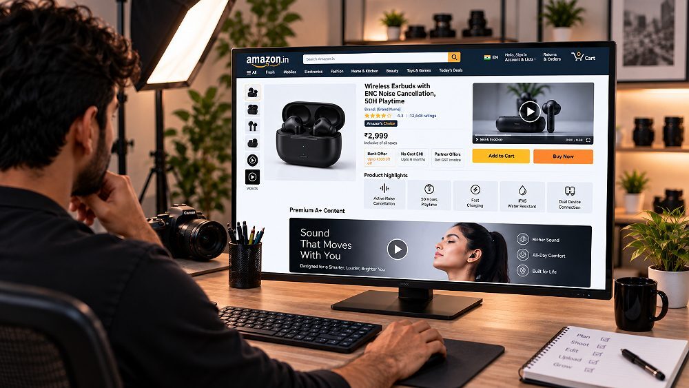 Behind the scenes of amazon product detail page on desktop monitor at an Indian standard ecommerce photography studio