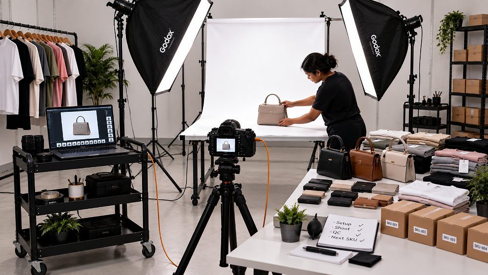 Behind the scenes of bulk SKU Amazon product photoshoot in progress at an Indian standard ecommerce photography studio