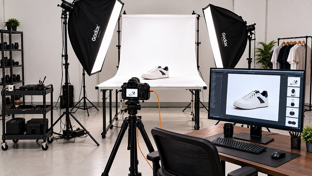 Behind the scenes of amazon photography services setup inside an Indian standard ecommerce photography studio showing a