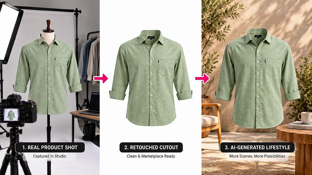 Behind the scenes of hybrid Amazon photography workflow visualisation at Indian standard ecommerce photography studio,