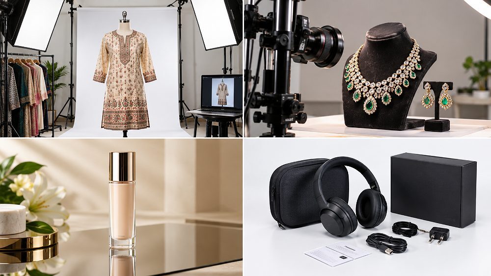 Behind the scenes of category-wise Amazon product photography arranged at an Indian standard ecommerce photography studio