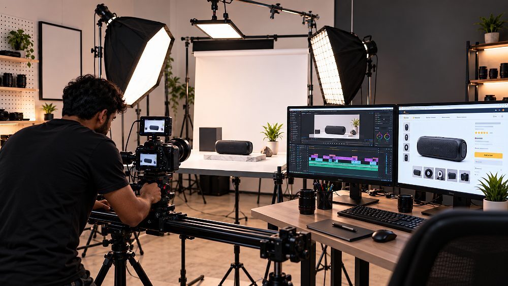 Behind the scenes of amazon product video production setup at an Indian standard ecommerce photography studio showing
