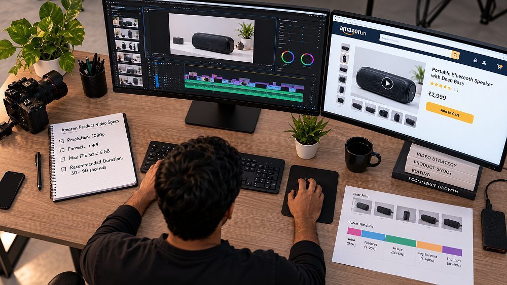 Behind the scenes of overhead view of an editor workstation at an Indian standard ecommerce photography studio showing