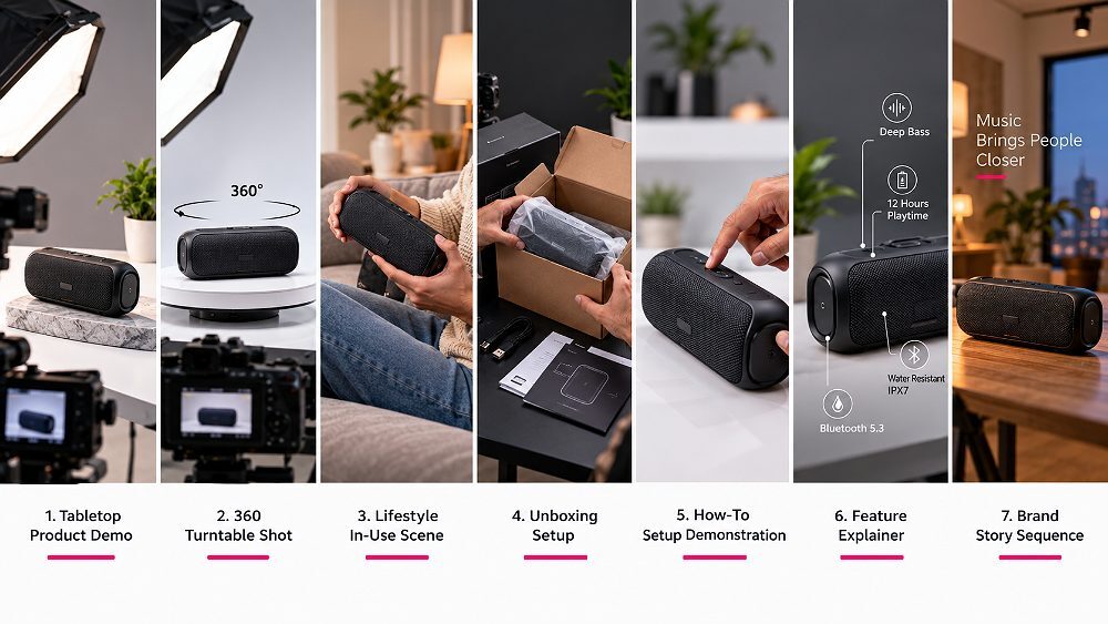 Behind the scenes of seven Amazon product video formats staged side by side at an Indian standard ecommerce photography