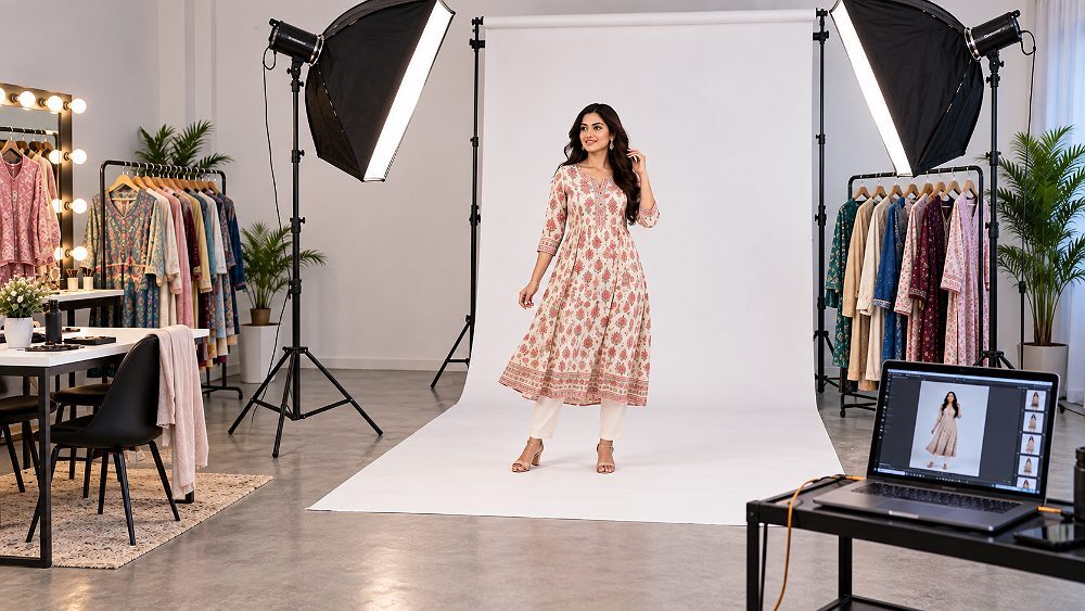Behind the scenes of fashion catalogue production floor at an Indian standard ecommerce photography studio with two
