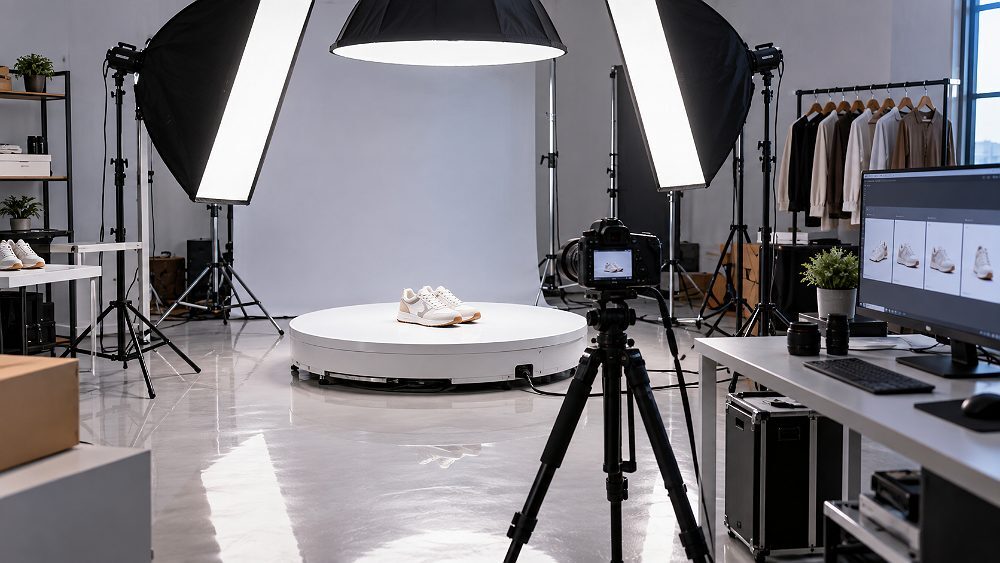 Behind the scenes of 360 degree Flipkart product video turntable setup at Indian standard ecommerce photography studio