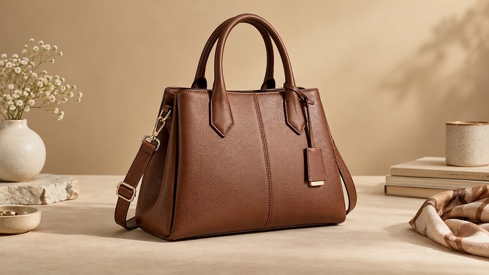 Behind the scenes of finished handbag ecommerce creative prepared from an Indian standard ecommerce photography studio