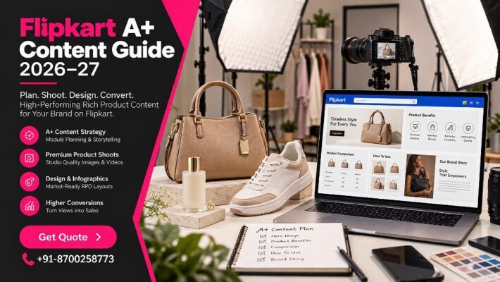 Flipkart A+ content planning scene inside an Indian standard ecommerce photography studio showing a premium