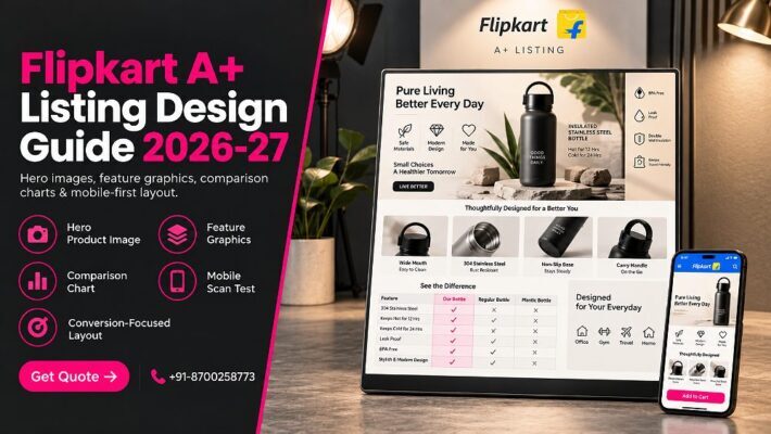 Flipkart A+ listing design showing hero product image, benefit-led feature , comparison and mobile scan