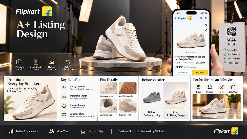 Behind the scenes of flipkart A+ listing design showing hero product image, benefit-led feature, comparison and mobile