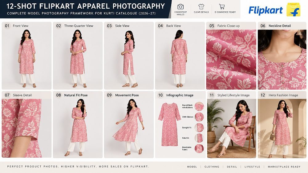 Behind the scenes of 11-shot Flipkart apparel photography framework laid out inside an Indian standard ecommerce