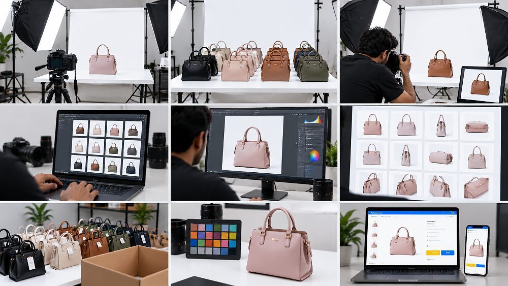 Behind the scenes of indian standard ecommerce photography studio bulk SKU photography workflow showing repeatable studio