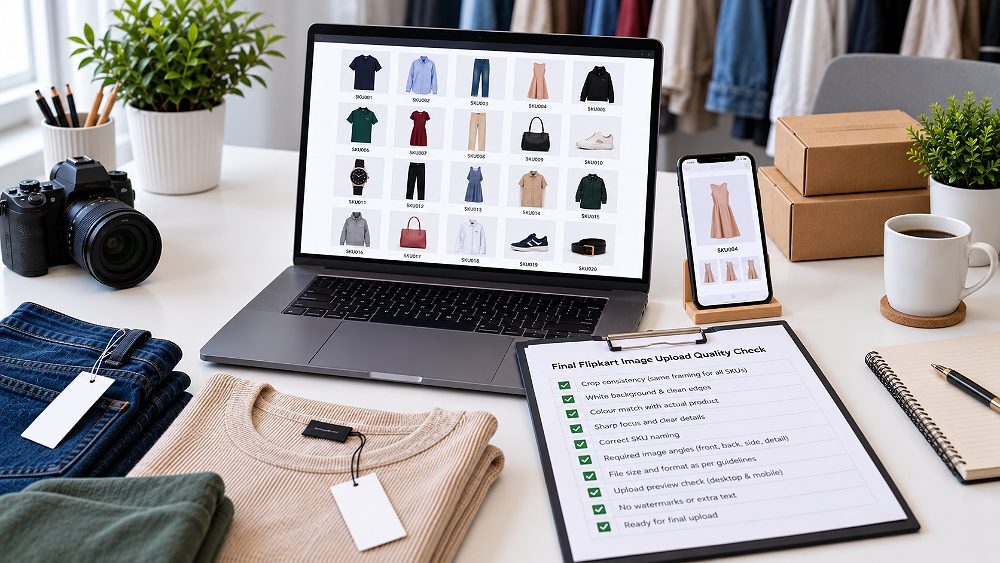 Behind the scenes of final Flipkart image upload quality control checklist scene, ecommerce catalogue manager reviewing