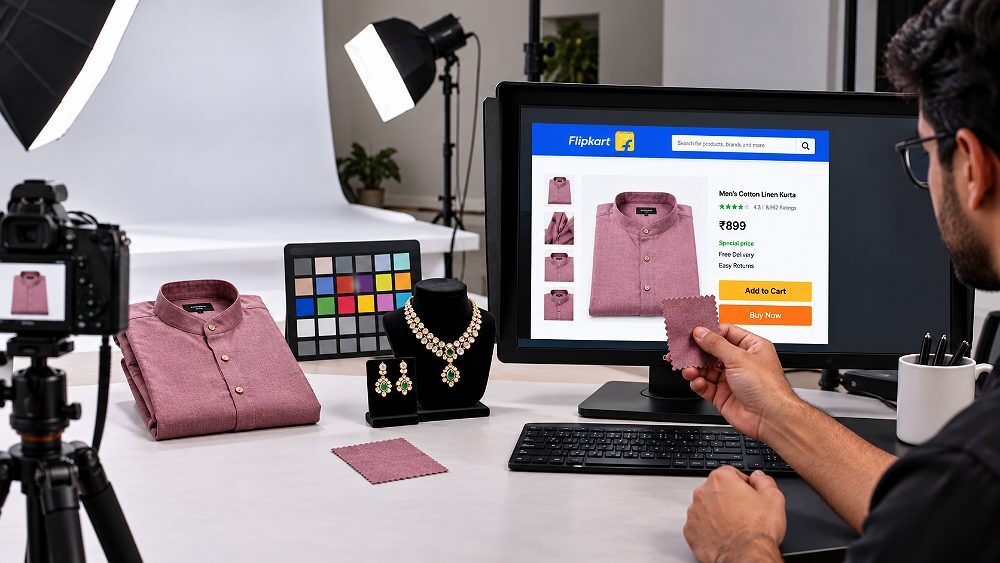 Behind the scenes of colour accuracy workflow for ecommerce product photography, fabric garment and jewellery SKU placed