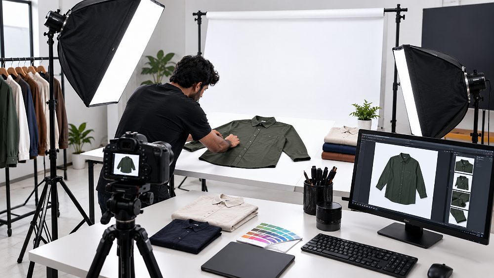 Behind the scenes of indian standard ecommerce photography studio flat lay for Flipkart listing images showing apparel