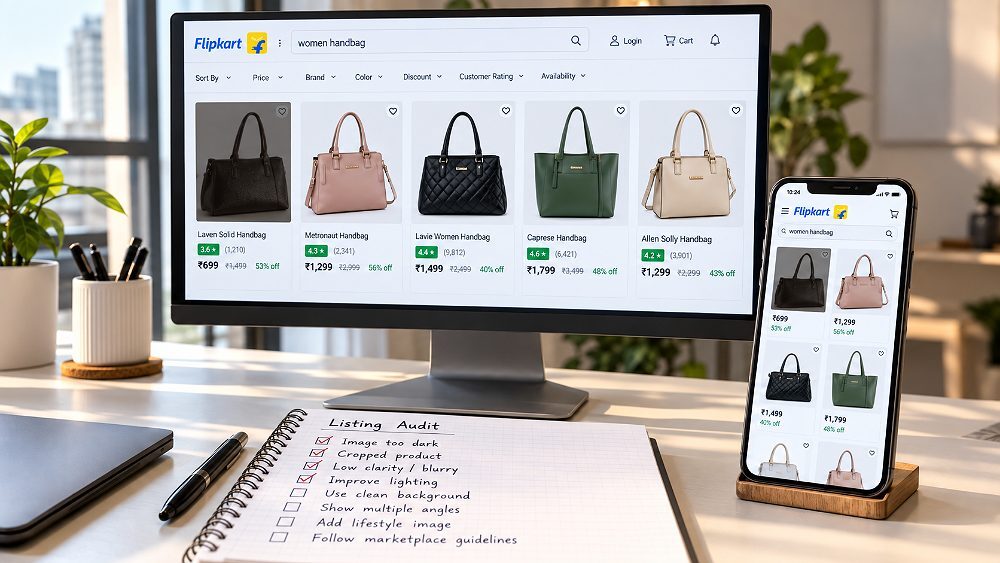 Behind the scenes of realistic ecommerce audit image showing a desktop monitor and smartphone with multiple Flipkart