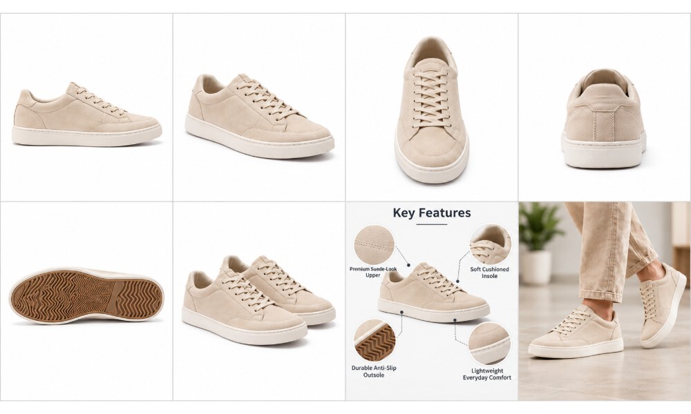 Behind the scenes of indian standard ecommerce photography studio showing structured 8-image Flipkart listing sequence —