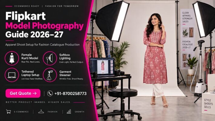 Flipkart model photography apparel shoot setup inside an Indian standard ecommerce photography studio