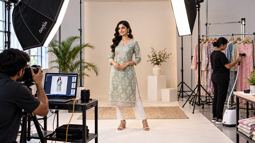 Behind the scenes of flipkart model photography apparel shoot setup inside an Indian standard ecommerce photography studio