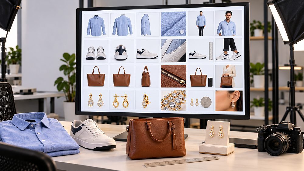 Behind the scenes of category-wise Flipkart product photography shot list visual, neatly arranged ecommerce image set