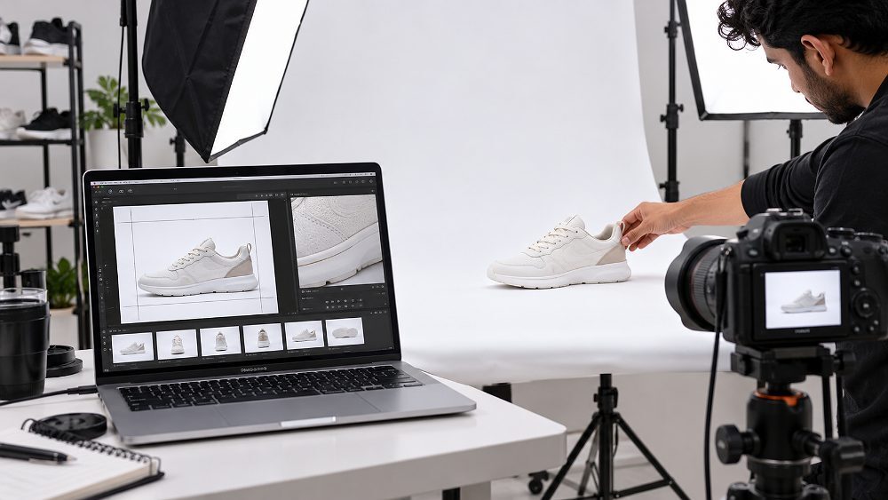 Behind the scenes of professional product photography quality control scene for Flipkart sellers, white background