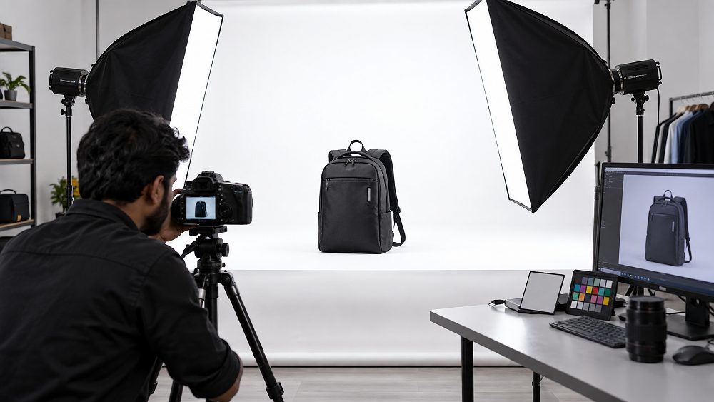 Behind the scenes of indian standard ecommerce photography studio setup for Flipkart product photography showing a clean