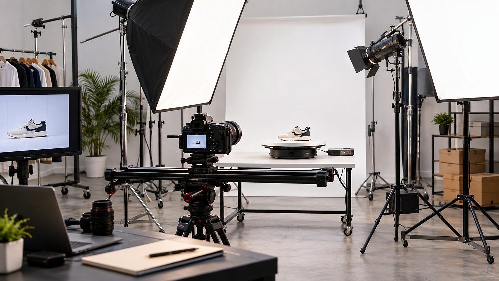 Behind the scenes of flipkart product video production setup at Indian standard ecommerce photography studio showing