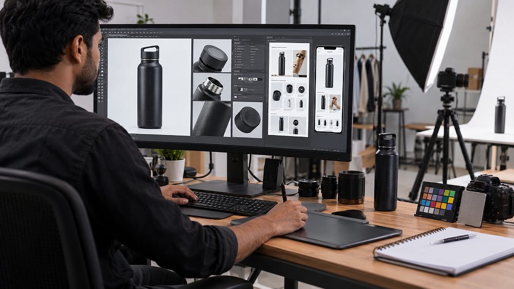 Behind the scenes of retouching and Flipkart listing design workflow inside an Indian standard ecommerce photography