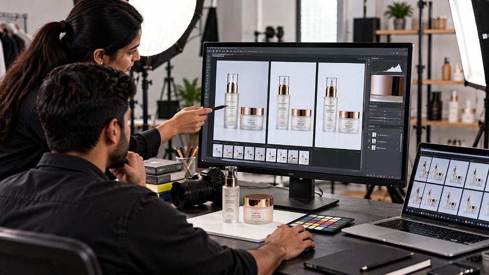 Behind the scenes of human-in-the-loop review workflow inside an Indian standard ecommerce photography studio showing a