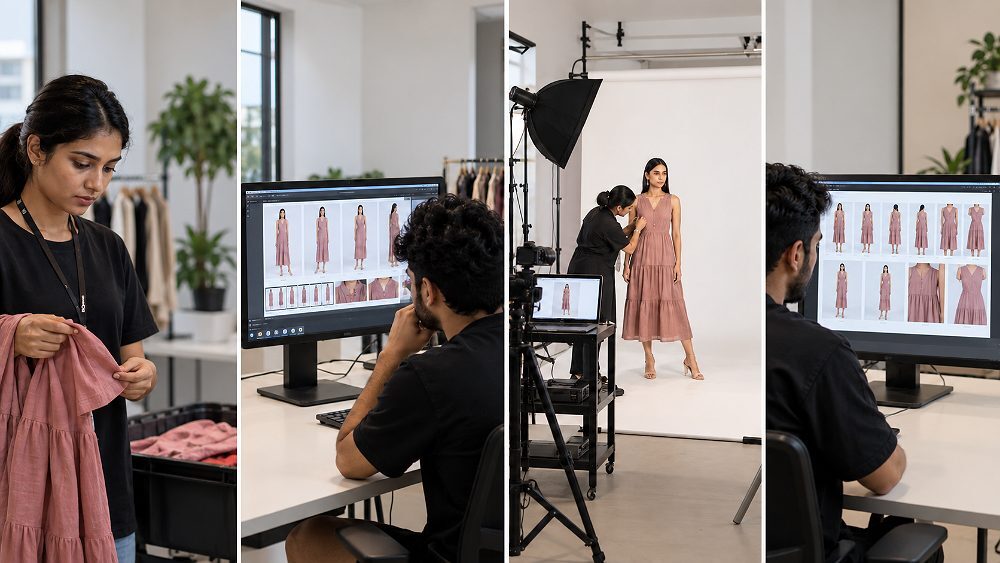 Behind the scenes of four-step marketplace quality-control workflow in an Indian standard ecommerce photography studio