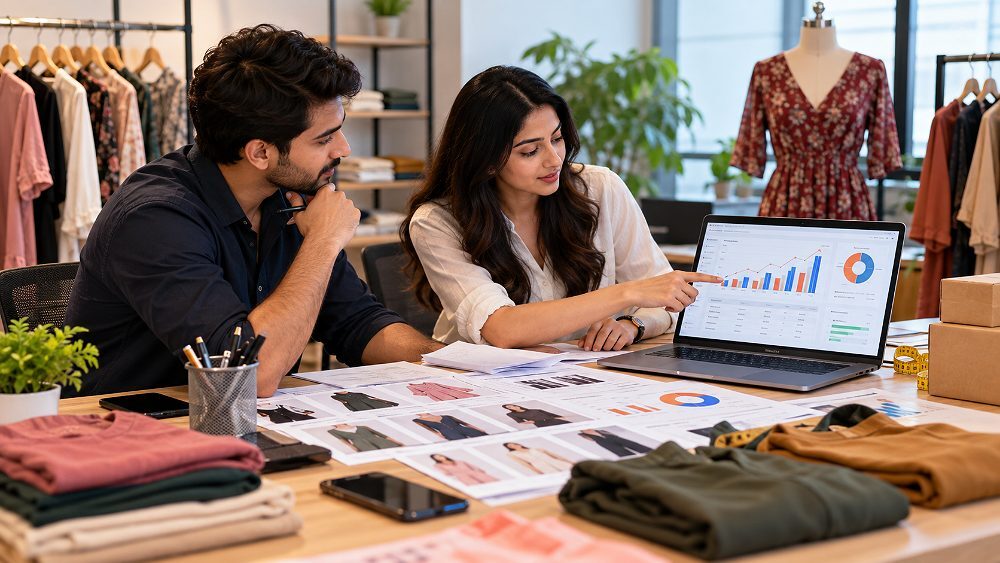 Behind the scenes of strategic Myntra ads analysis concept inside an Indian standard ecommerce photography studio showing