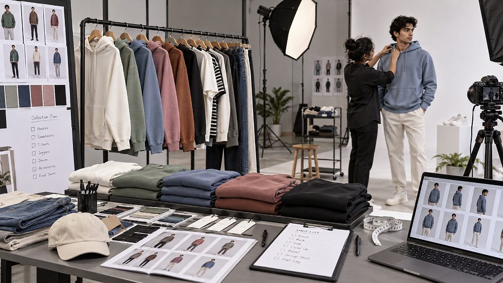 Behind the scenes of seasonal Myntra apparel catalogue planning scene inside an Indian standard ecommerce photography
