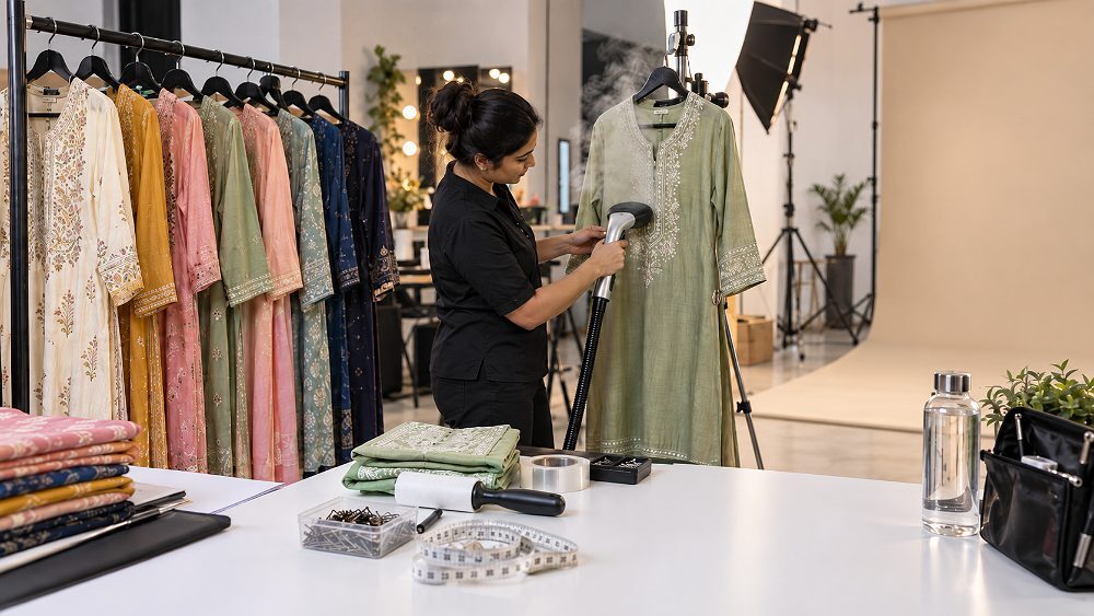 Behind the scenes of photorealistic apparel ecommerce shoot preparation area with a stylist steaming a women’s kurta