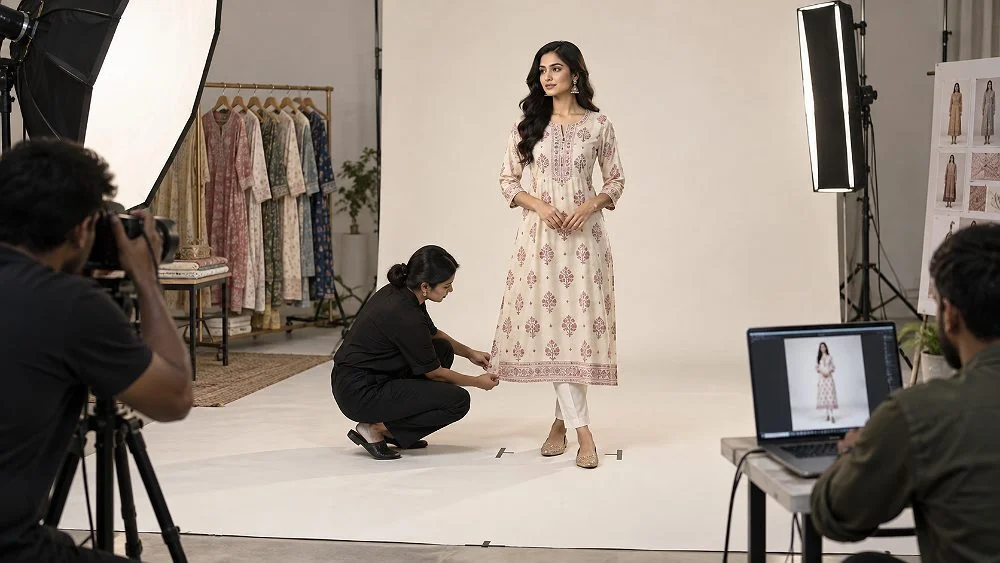 Ethnic wear catalogue shoot with a model in a printed kurta on a white seamless while a photographer and stylist adjust the hem beside a tethered laptop