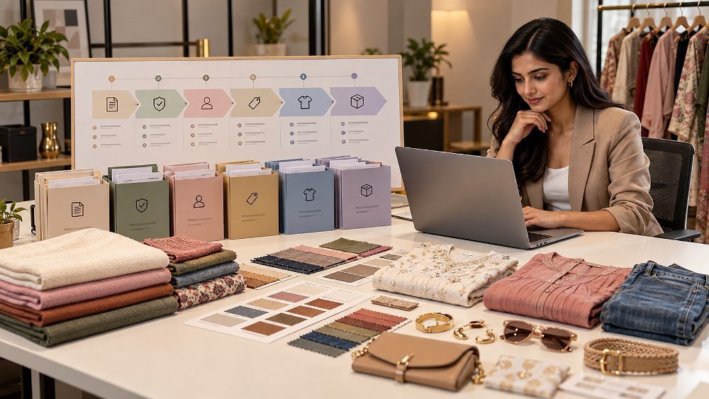 Behind the scenes of visual Myntra Brand Approval workflow scene in an Indian standard ecommerce photography studio