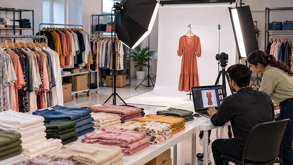 Behind the scenes of high-volume fashion catalogue production workflow inside an Indian standard ecommerce photography