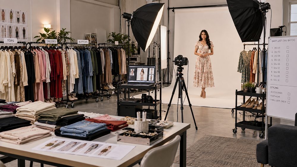 Behind the scenes of bulk SKU fashion catalogue production scene inside an Indian standard ecommerce photography studio,