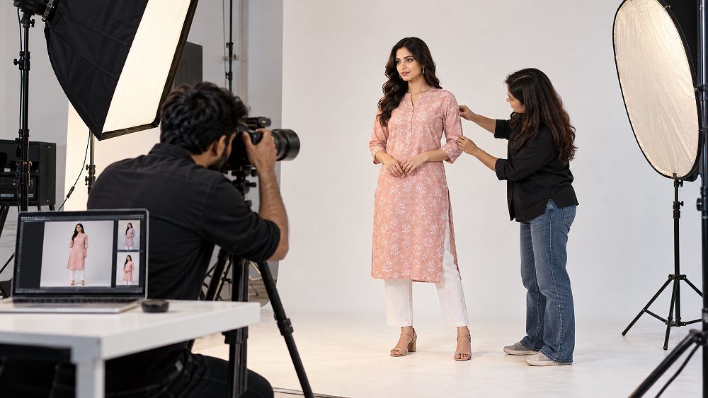 Behind the scenes of behind-the-scenes Myntra catalogue photography production inside an Indian standard ecommerce
