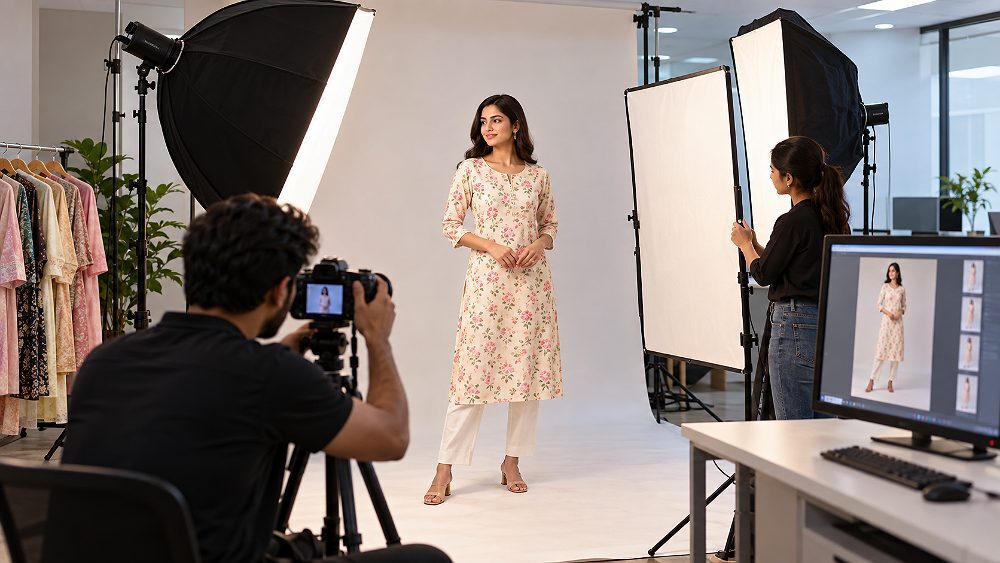 Behind the scenes of behind-the-scenes Myntra catalogue photography setup inside an Indian standard ecommerce photography