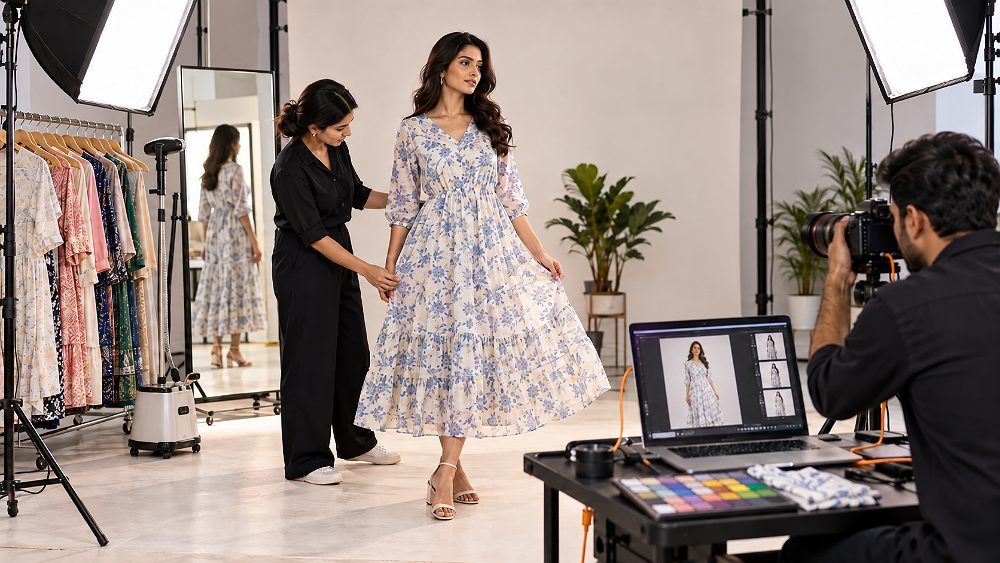Behind the scenes of myntra catalogue requirements workflow inside an Indian standard ecommerce photography studio with an