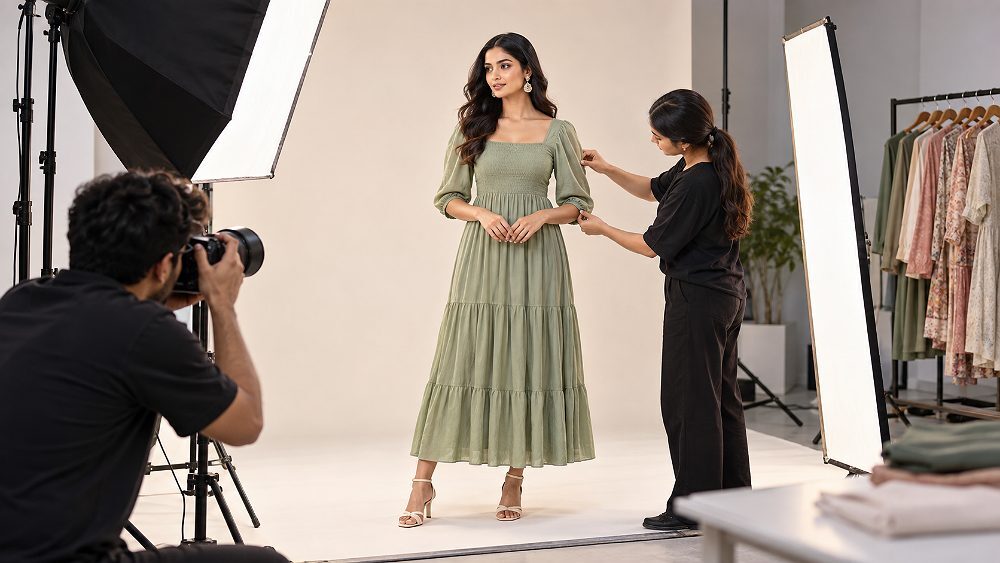 Behind the scenes of behind-the-scenes fashion catalogue production inside an Indian standard ecommerce photography