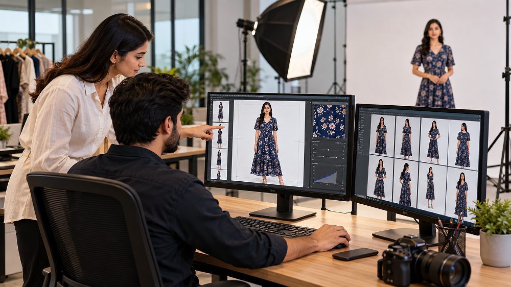 Behind the scenes of professional Myntra catalogue photography workflow inside an Indian standard ecommerce photography